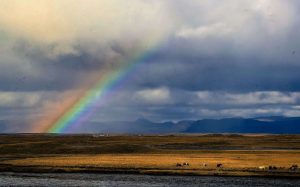 Вид на радугу и поля исландии